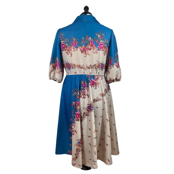 70s Vintage Montgomery Ward Blue, Pink, Tan Floral Polyester Midi Dress Size XL - Picture 2 of 6
